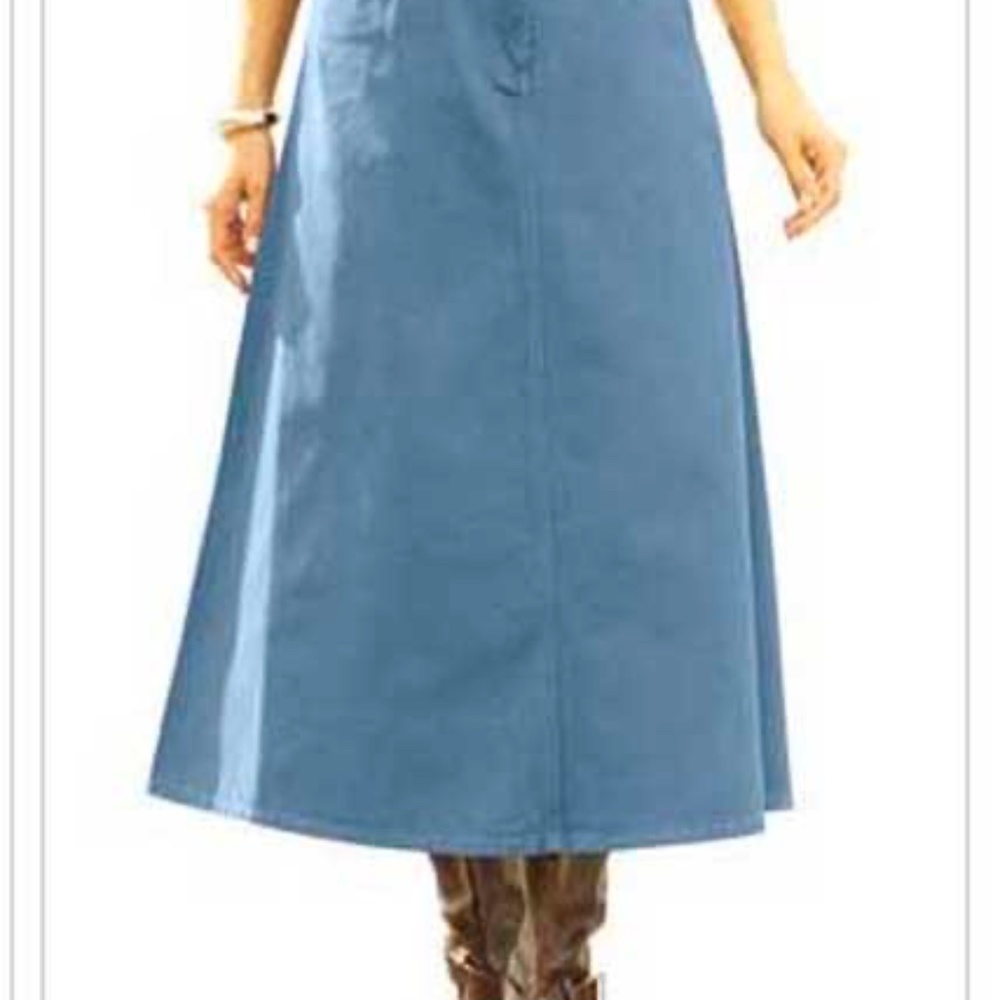 DENIM SKIRT, BLEACHED BLUE, SIZE 34W, MIDI A-LINE, FIVE POCKETS, ZIP FRONT FLY,